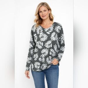 J. Jill pail Green Leaf Print Linen Blend Knit Long Sleeve Sweater oversized S